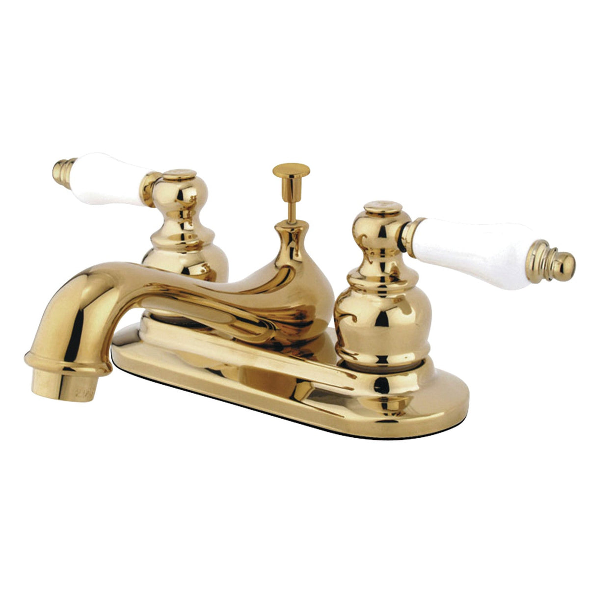 Restoration Double-Handle 4" Centerset Bathroom Faucet with Pop-Up Drain in Polished Brass