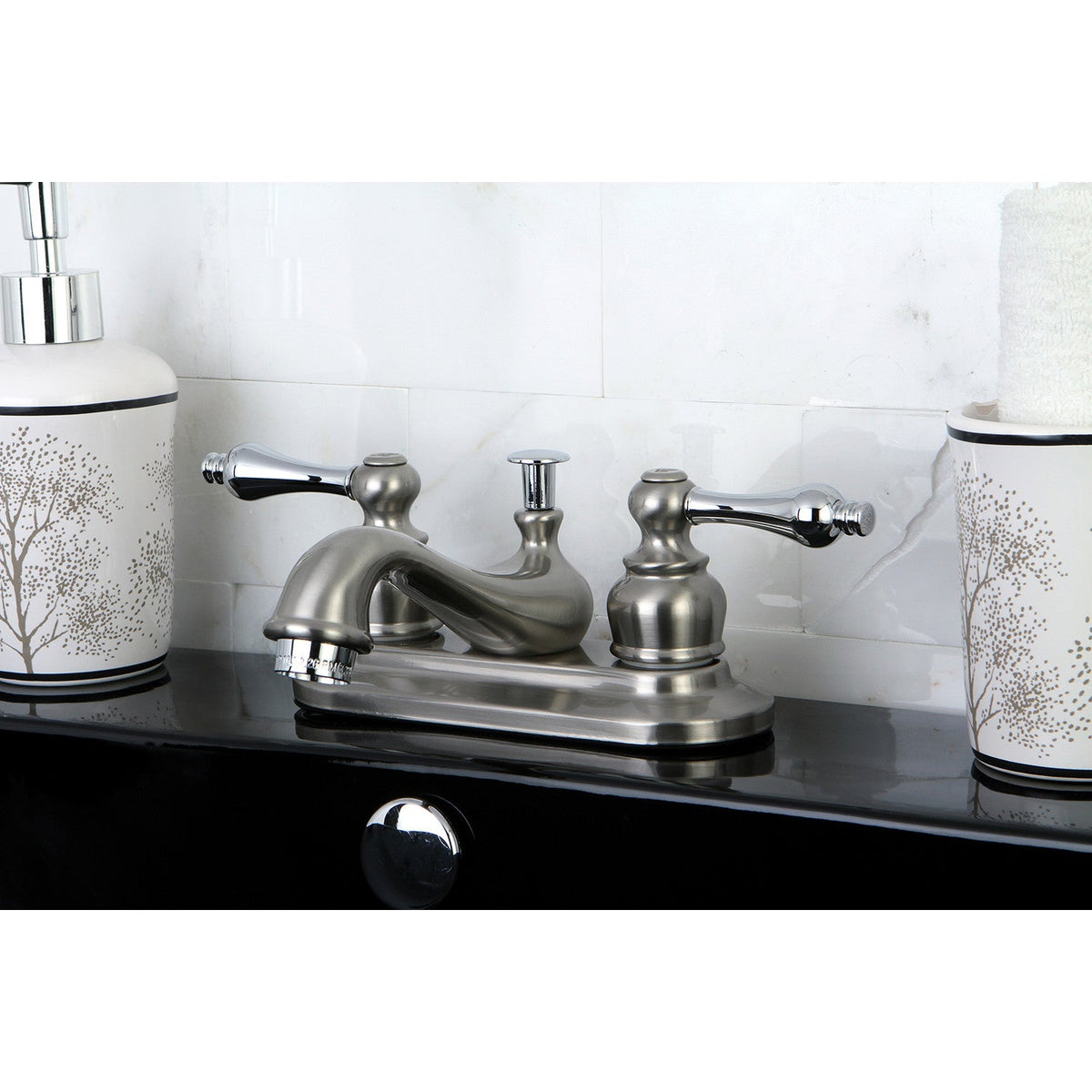 Restoration Double-Handle 4" Centerset Bathroom Faucet with Brass Pop-Up in Brushed Nickel/Polished Chrome