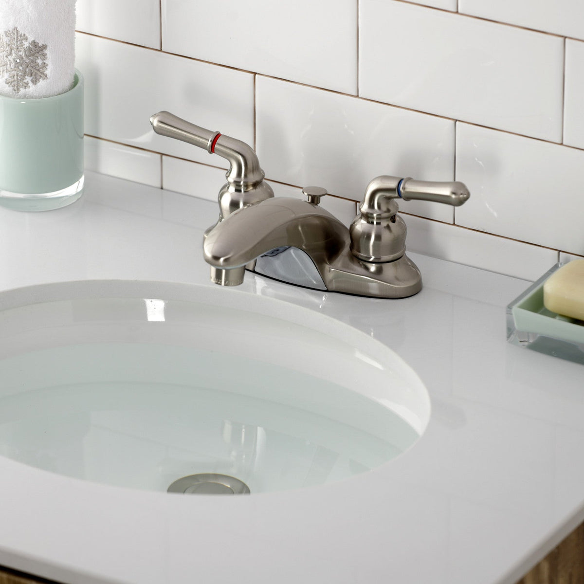 Magellan Double-Handle 4" Centerset Bathroom Faucet with Brass Pop-Up in Brushed Nickel