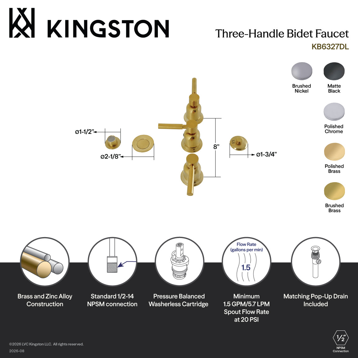 Concord Three-Handle Bidet Faucet with Brass Pop-Up in Polished Chrome
