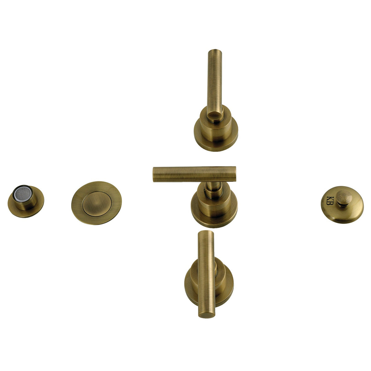 Manhattan Three-Handle Deck Mount Vertical Spray Bidet Faucet with Brass Pop-Up in Antique Brass