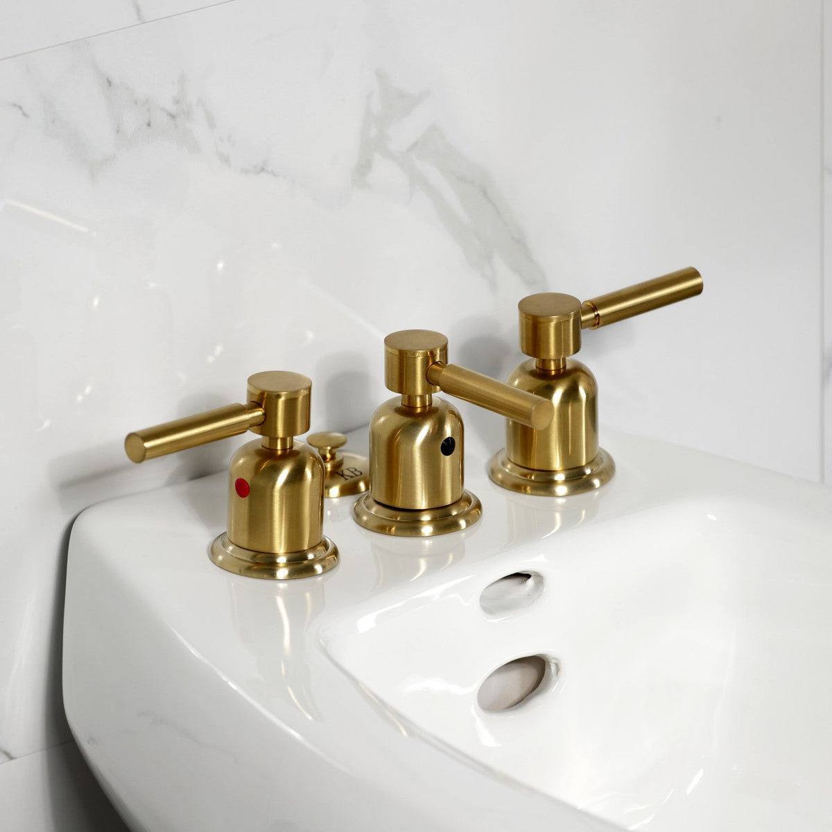 Concord Three-Handle Bidet Faucet with Brass Pop-Up in Brushed Brass