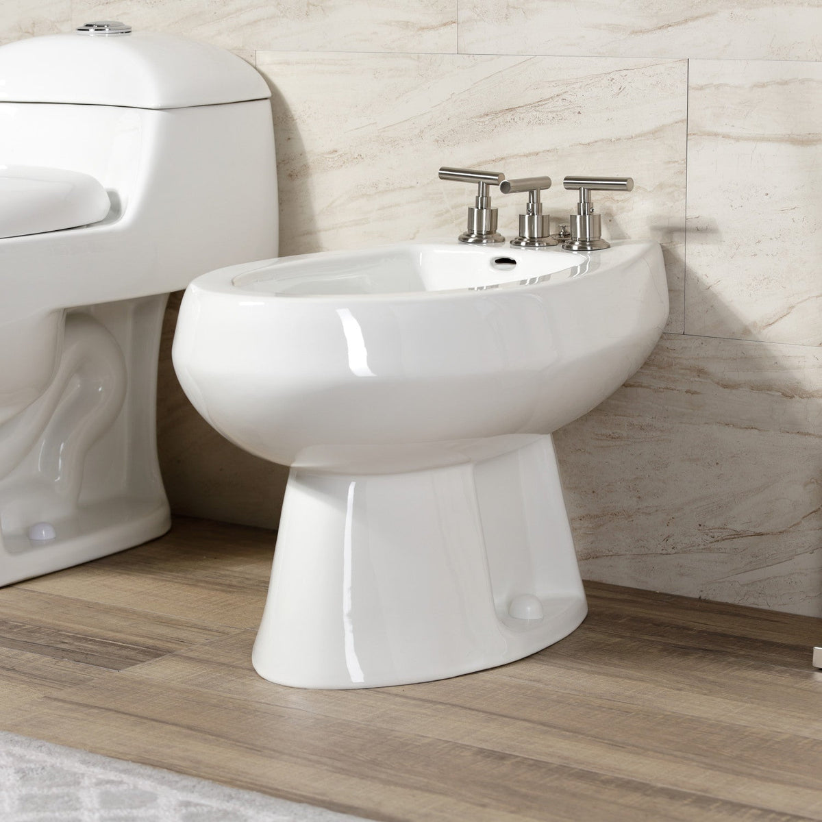 Manhattan Three-Handle Bidet Faucet with Brass Pop-Up in Brushed Nickel