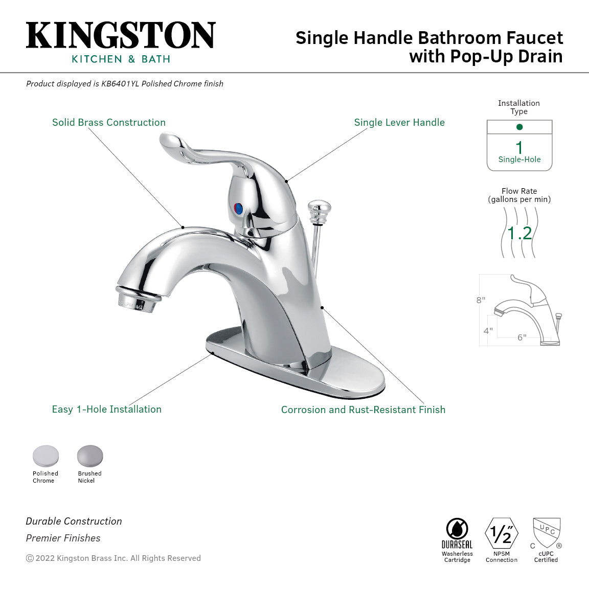 Yosemite One-Handle Single-Hole Bathroom Faucet with Deck Plate and Pop-Up Drain in Brushed Nickel