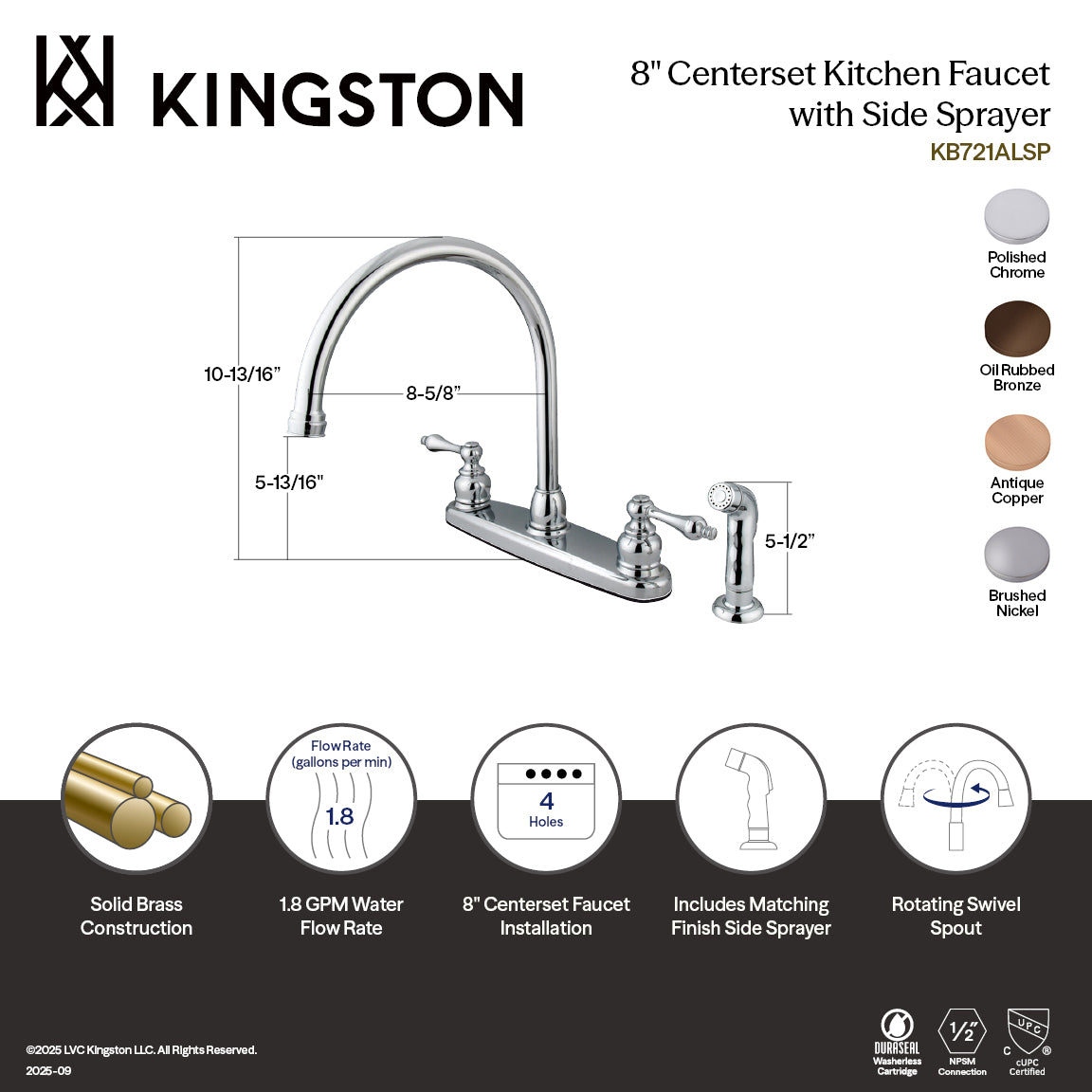 Vintage Double-Handle 8" Centerset Kitchen Faucet with Side Sprayer in Polished Chrome