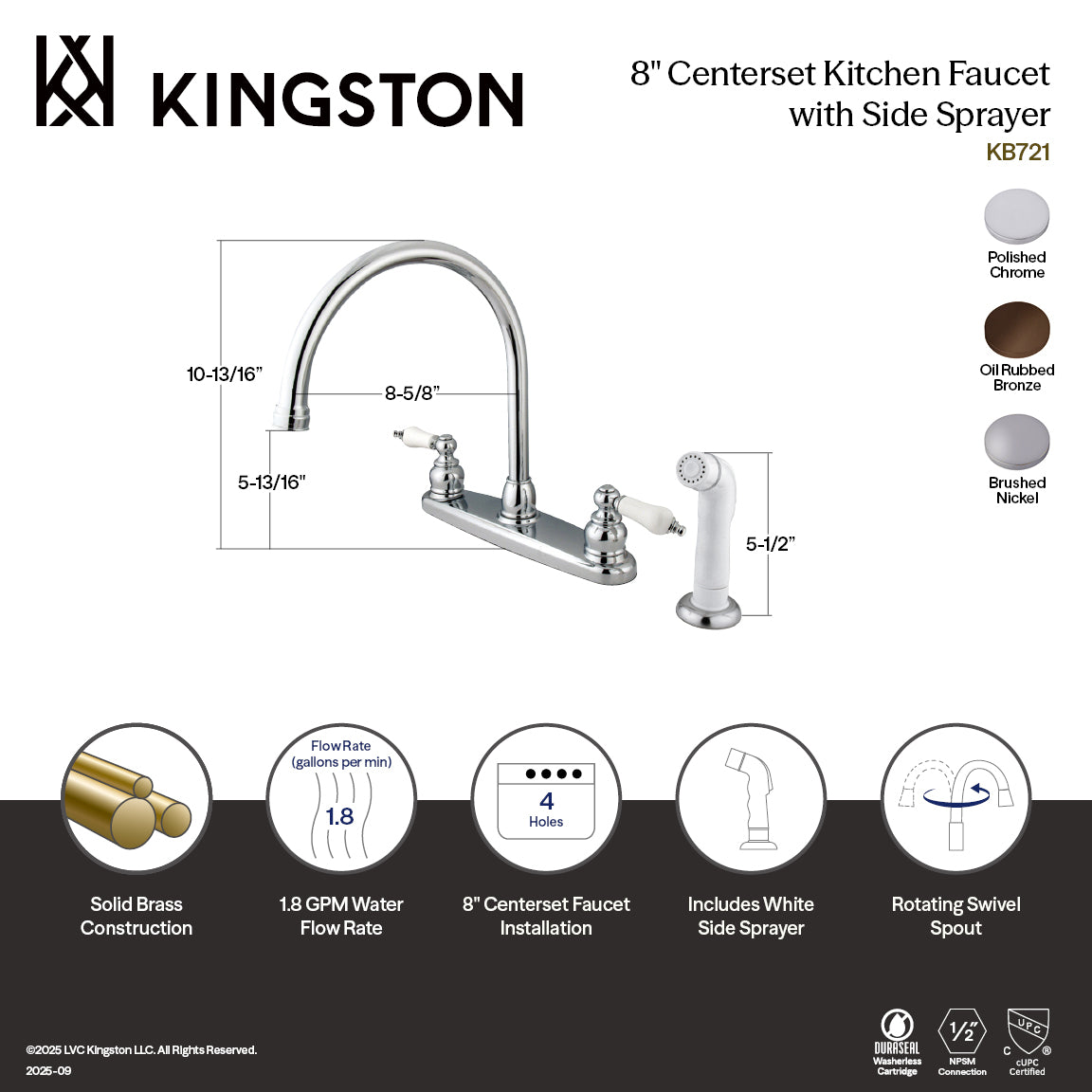 Vintage Double-Handle 8" Centerset Kitchen Faucet with Side Sprayer in Brushed Nickel