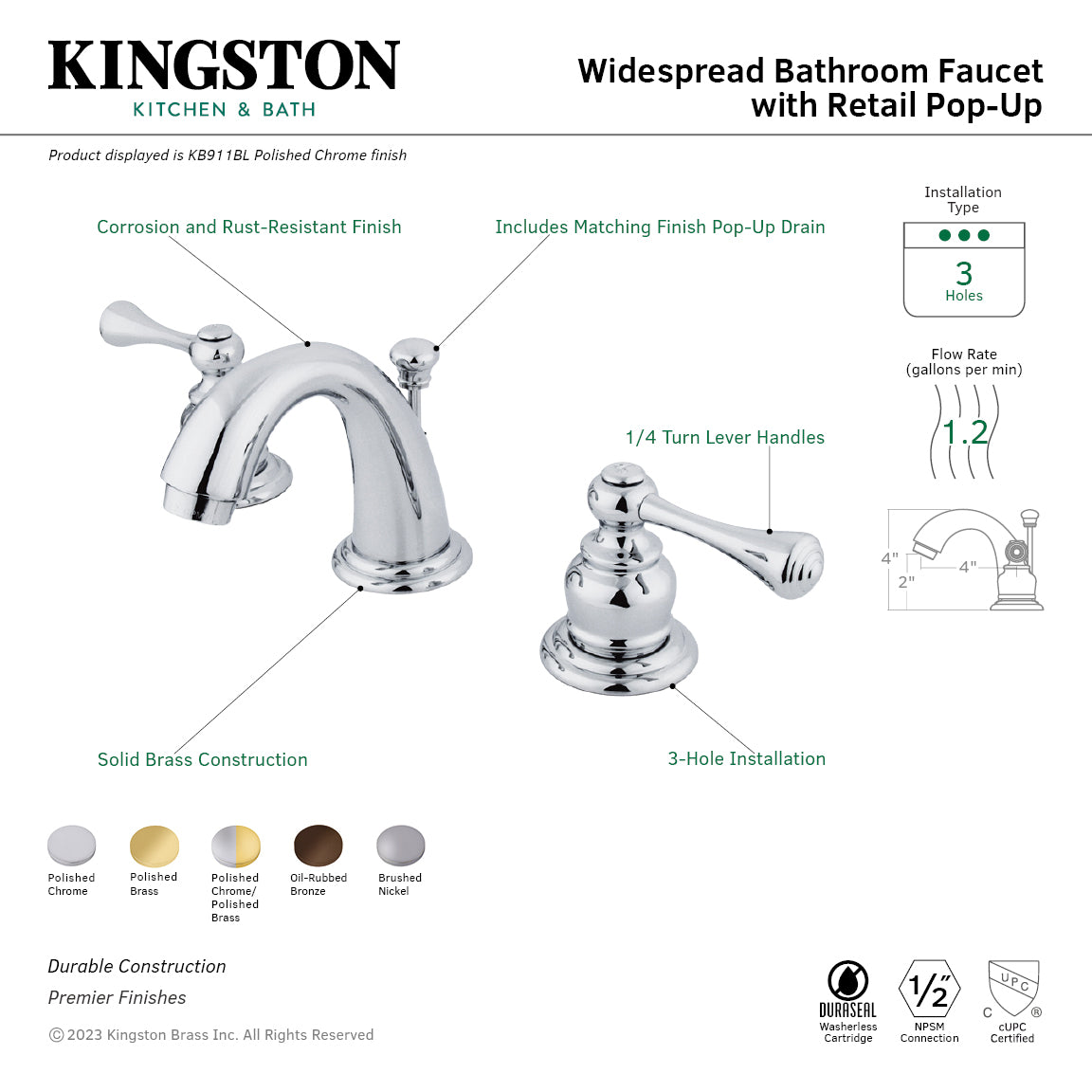 Vintage Widespread Bathroom Faucet with Pop-Up Drain in Polished Chrome