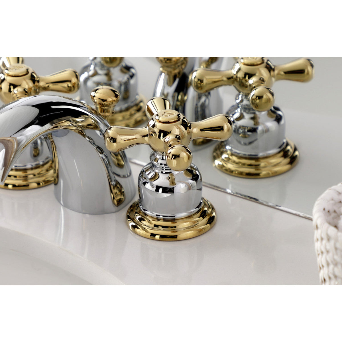 Victorian Mini-Widespread Bathroom Faucet with Pop-Up Drain in Polished Chrome/Polished Brass