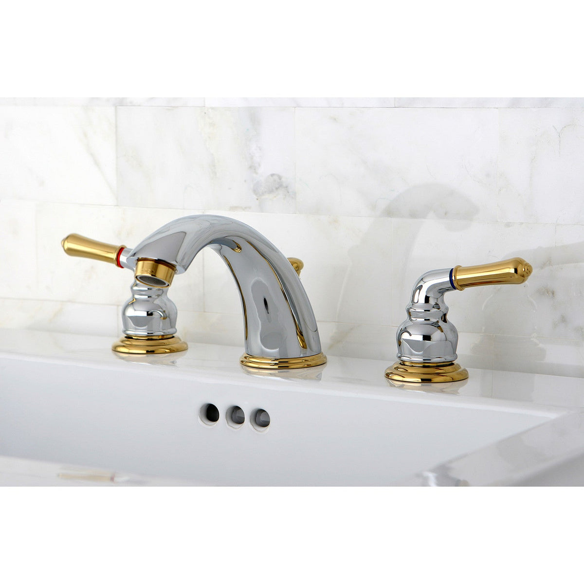 Magellan Widespread Bathroom Faucet with Pop-Up Drain in Polished Chrome/Polished Brass