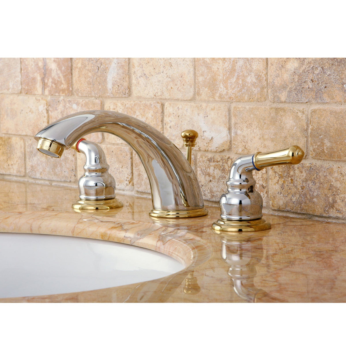 Magellan Widespread Bathroom Faucet with Pop-Up Drain in Polished Chrome/Polished Brass