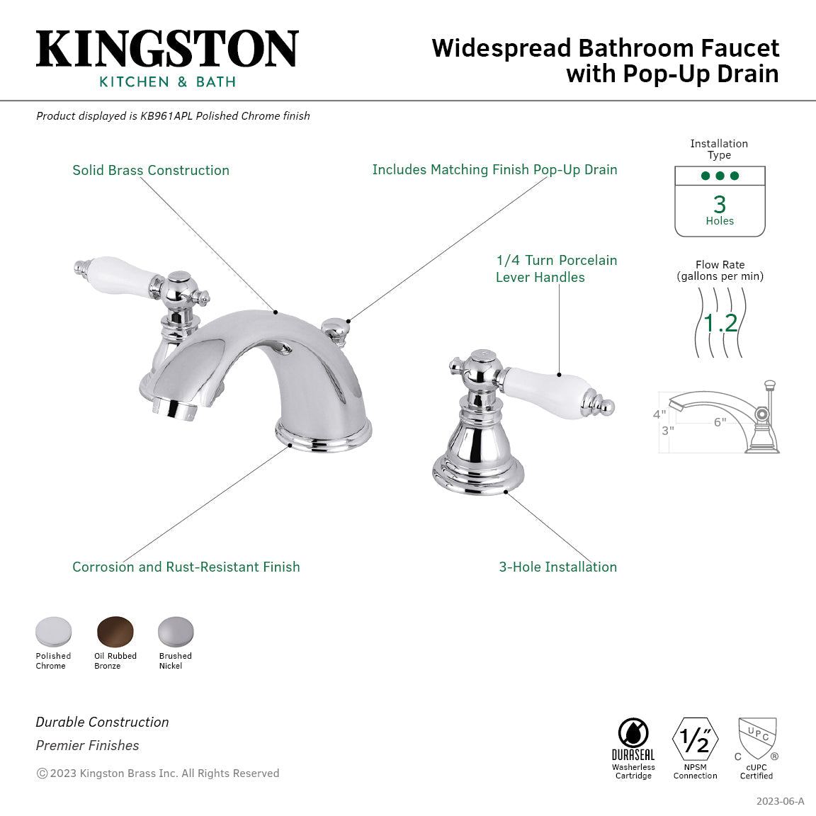 American Patriot Widespread Bathroom Faucet with Pop-Up Drain in Brushed Nickel