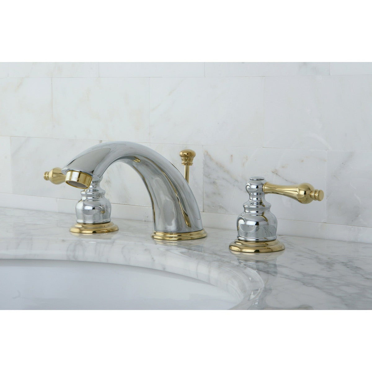 Victorian Widespread Bathroom Faucet with Pop-Up Drain in Polished Chrome/Polished Brass