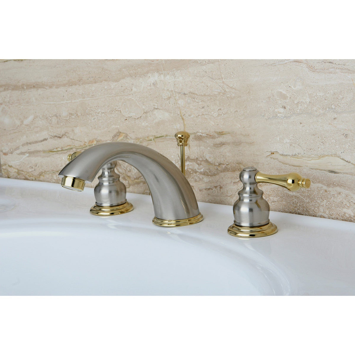Victorian Widespread Bathroom Faucet with Pop-Up Drain in Brushed Nickel/Polished Brass