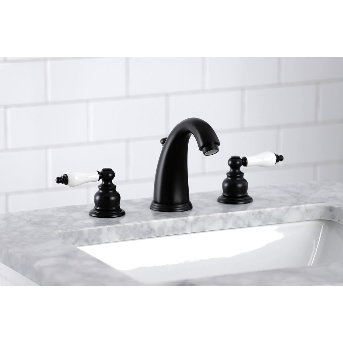 Victorian Widespread Bathroom Faucet with Pop-Up Drain in Matte Black