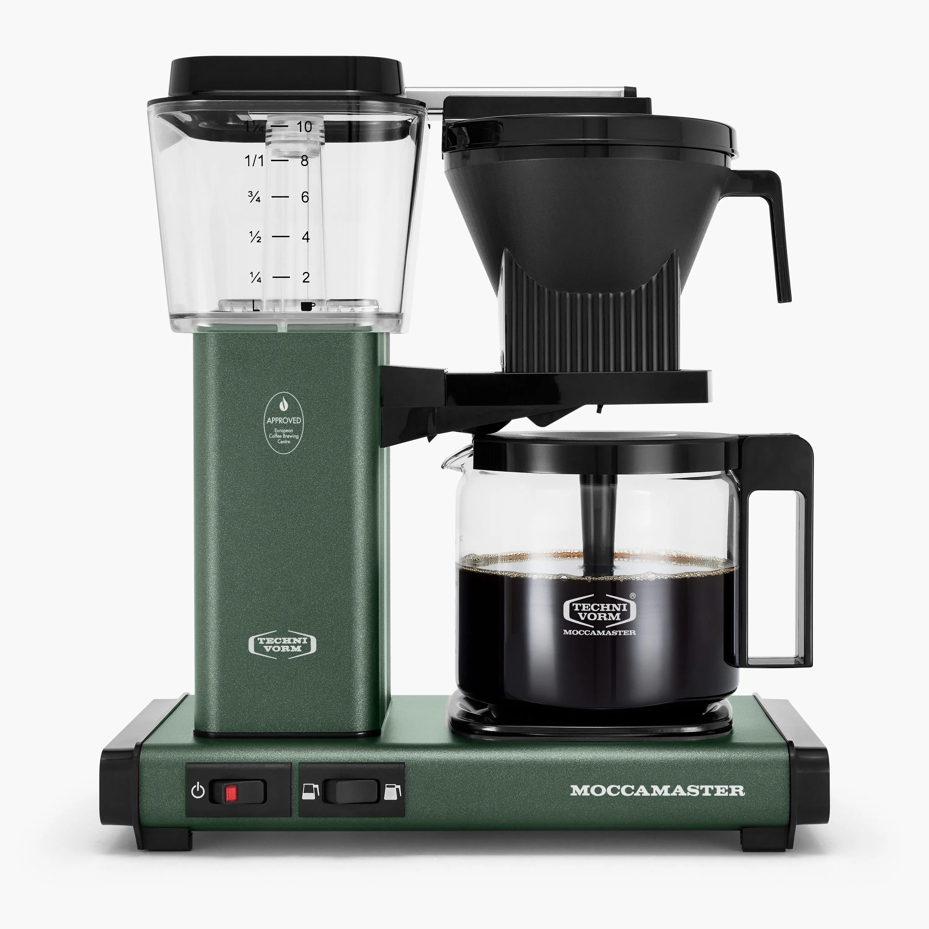 Juniper green drip coffee maker with glass carafe, black funnel, and carafe handle