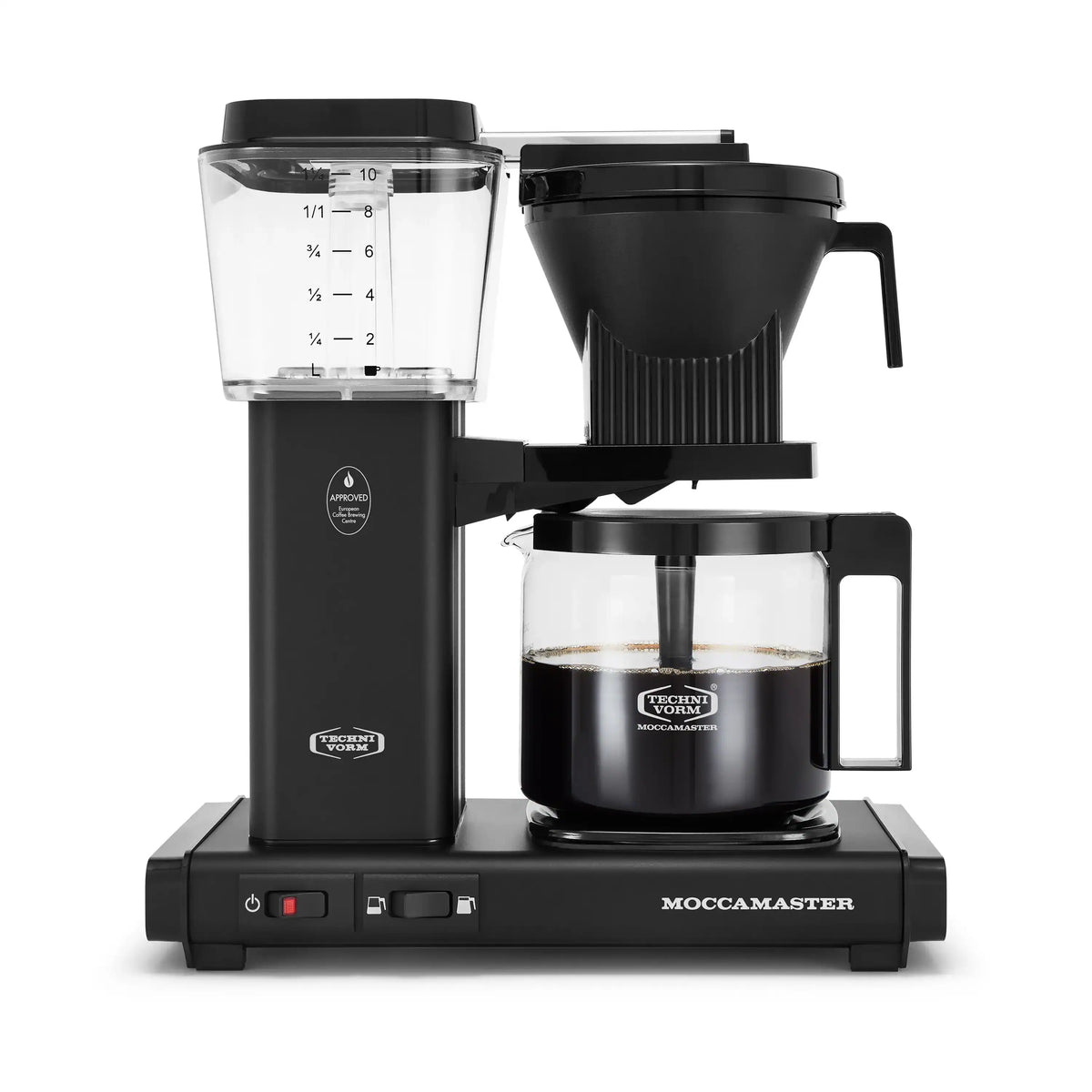 Moccamaster matte black 10-cup coffee maker with glass carafe and drip-stop