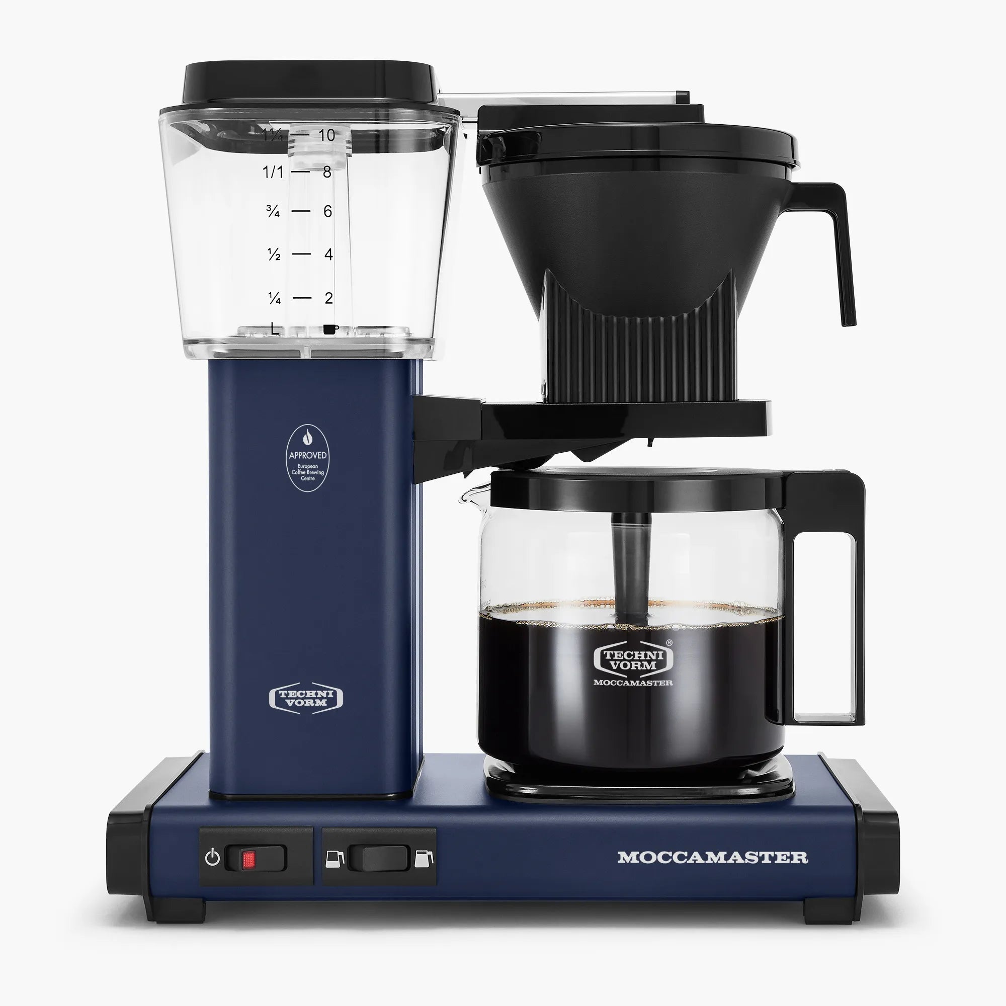 Midnight blue coffee maker with glass carafe, drip-stopper, and top water tank
