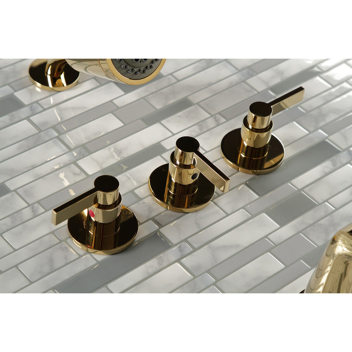 NuvoFusion Triple-Handle Tub and Shower Faucet in Polished Brass
