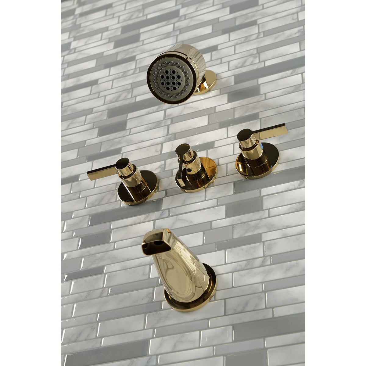 NuvoFusion Triple-Handle Tub and Shower Faucet in Polished Brass