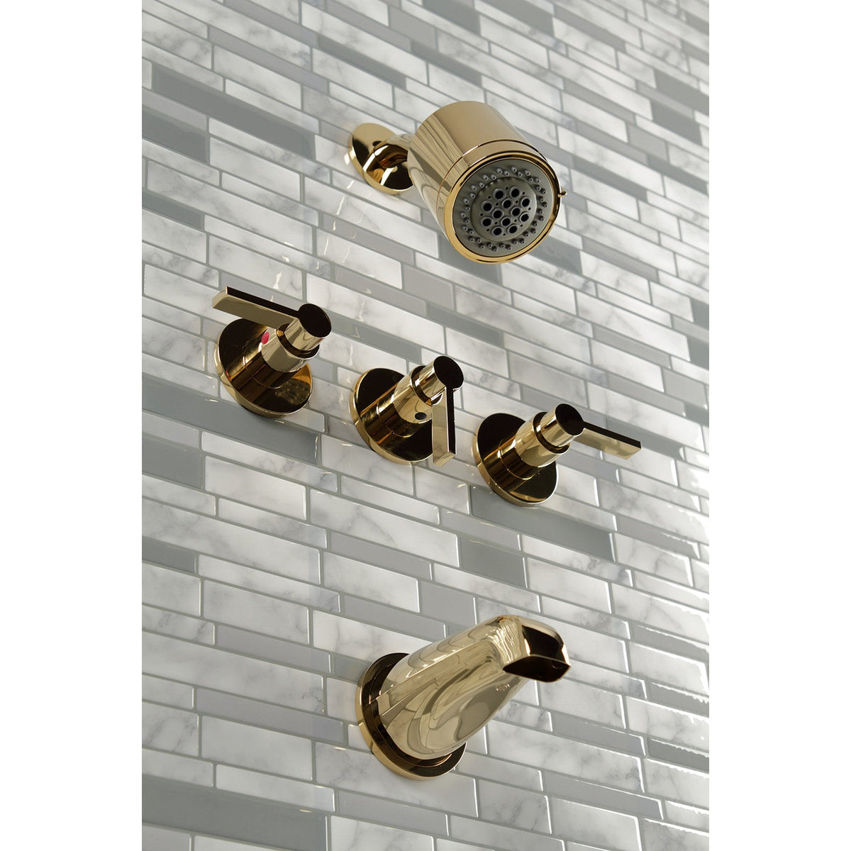 NuvoFusion Triple-Handle Tub and Shower Faucet in Polished Brass