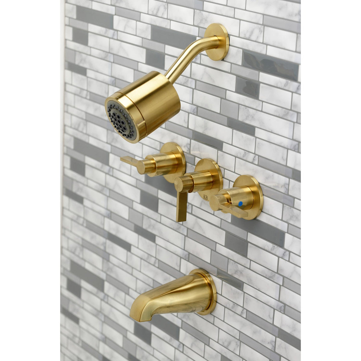 NuvoFusion Triple-Handle Tub and Shower Faucet in Brushed Brass
