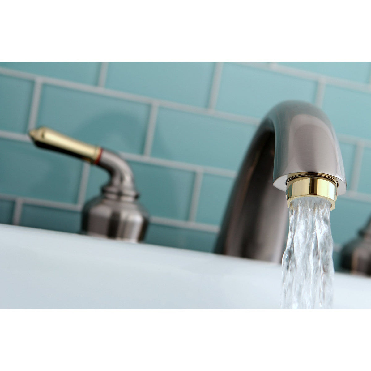 Magellan Two-Handle Deck Mount Roman Tub Faucet in Brushed Nickel/Polished Brass