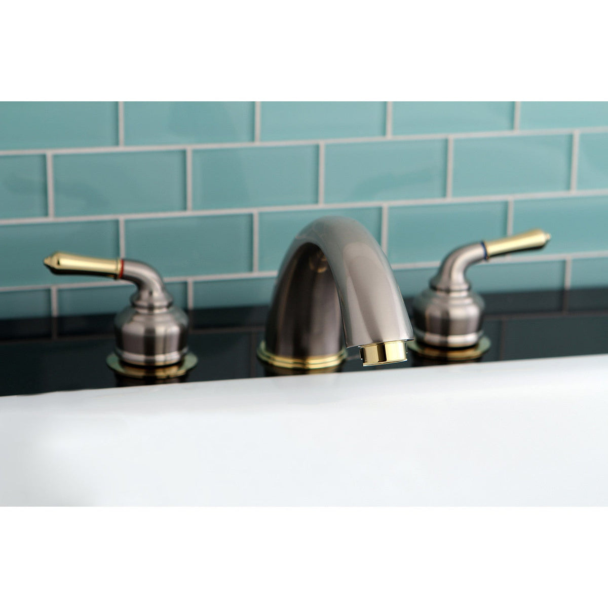 Magellan Two-Handle Deck Mount Roman Tub Faucet in Brushed Nickel/Polished Brass