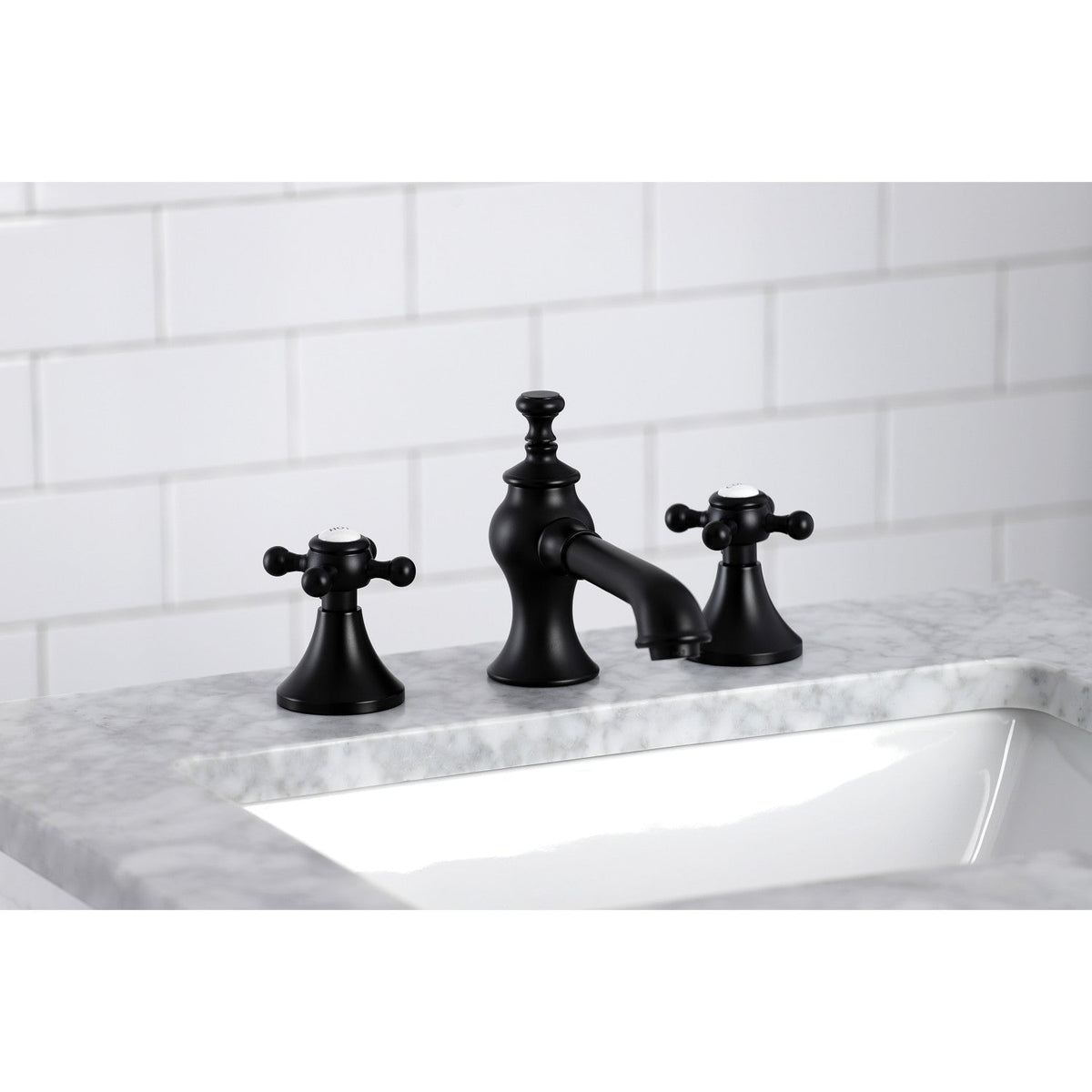 English Country Widespread Bathroom Faucet with Brass Pop-Up in Matte Black