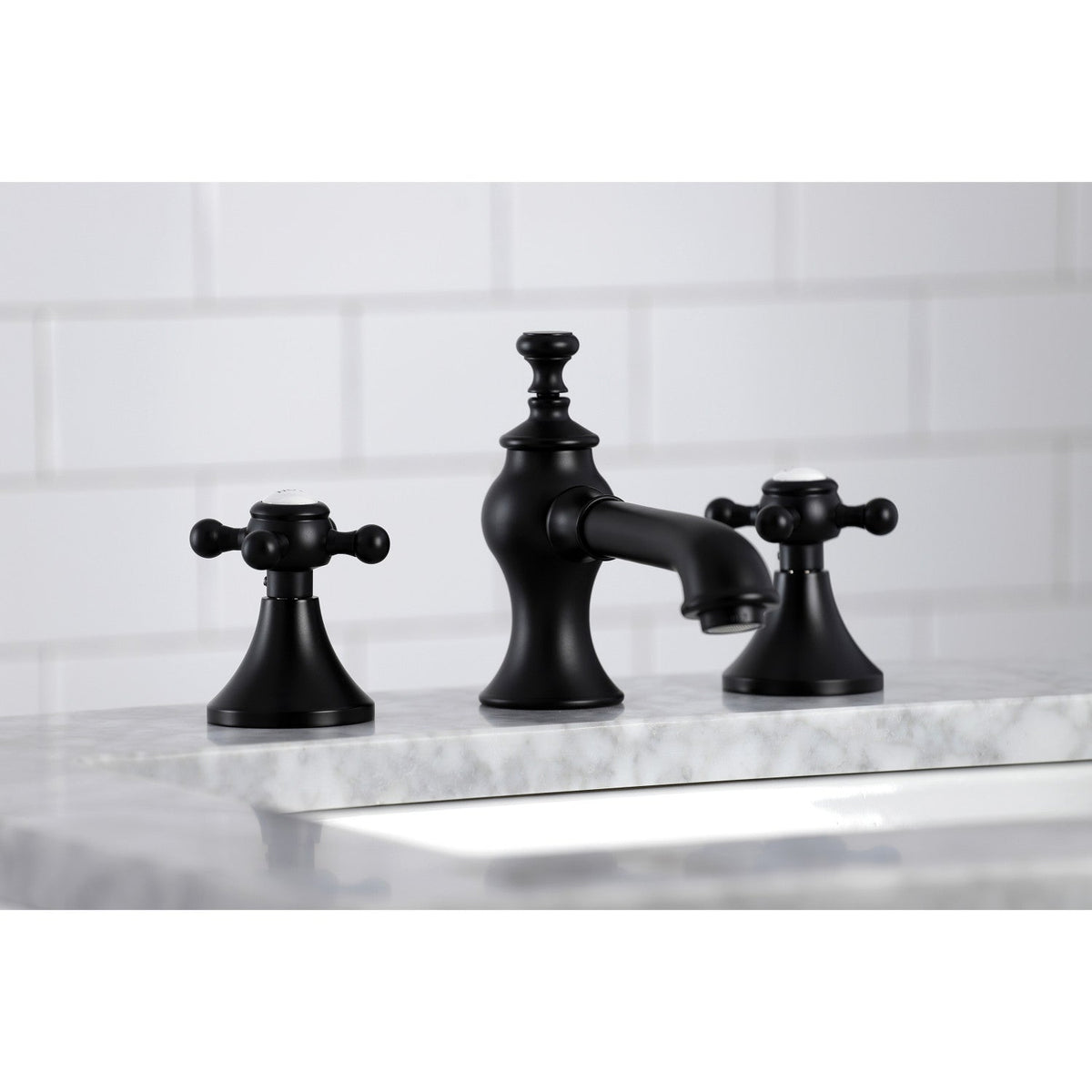 English Country Widespread Bathroom Faucet with Brass Pop-Up in Matte Black