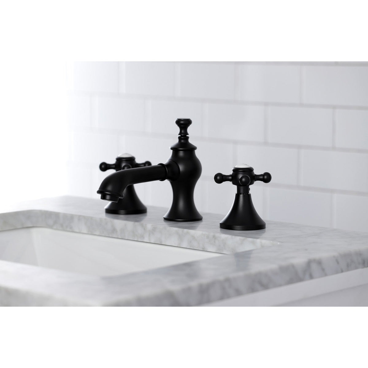 English Country Widespread Bathroom Faucet with Brass Pop-Up in Matte Black