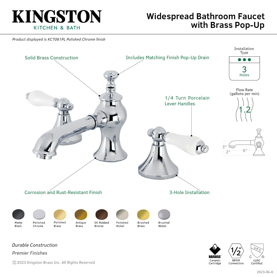 Vintage Widespread Bathroom Faucet with Brass Pop-Up in Polished Brass