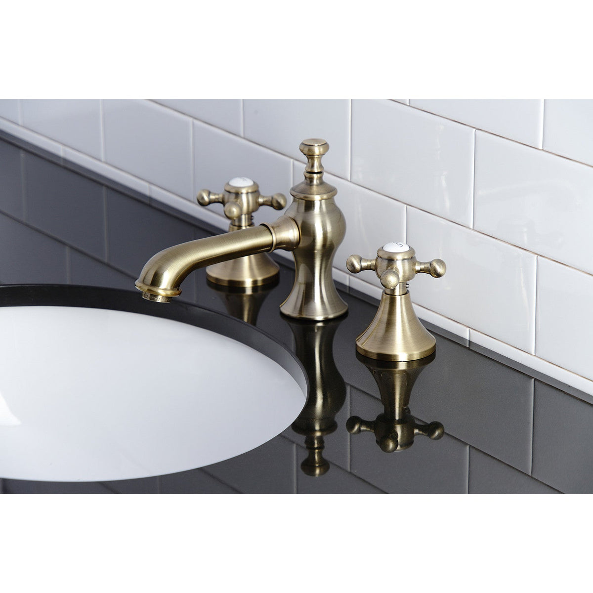 English Country Widespread Bathroom Faucet with Brass Pop-Up in Antique Brass