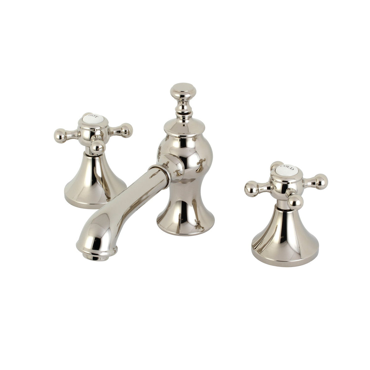 English Country Widespread Bathroom Faucet with Brass Pop-Up in Polished Nickel