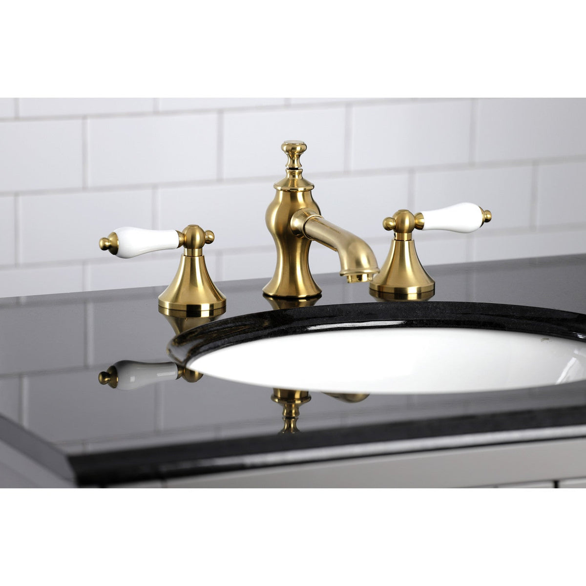 Vintage Widespread Bathroom Faucet with Brass Pop-Up in Brushed Brass