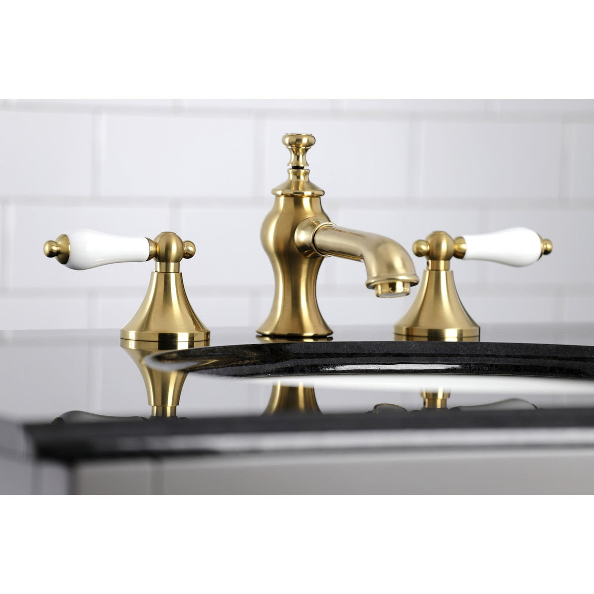 Vintage Widespread Bathroom Faucet with Brass Pop-Up in Brushed Brass