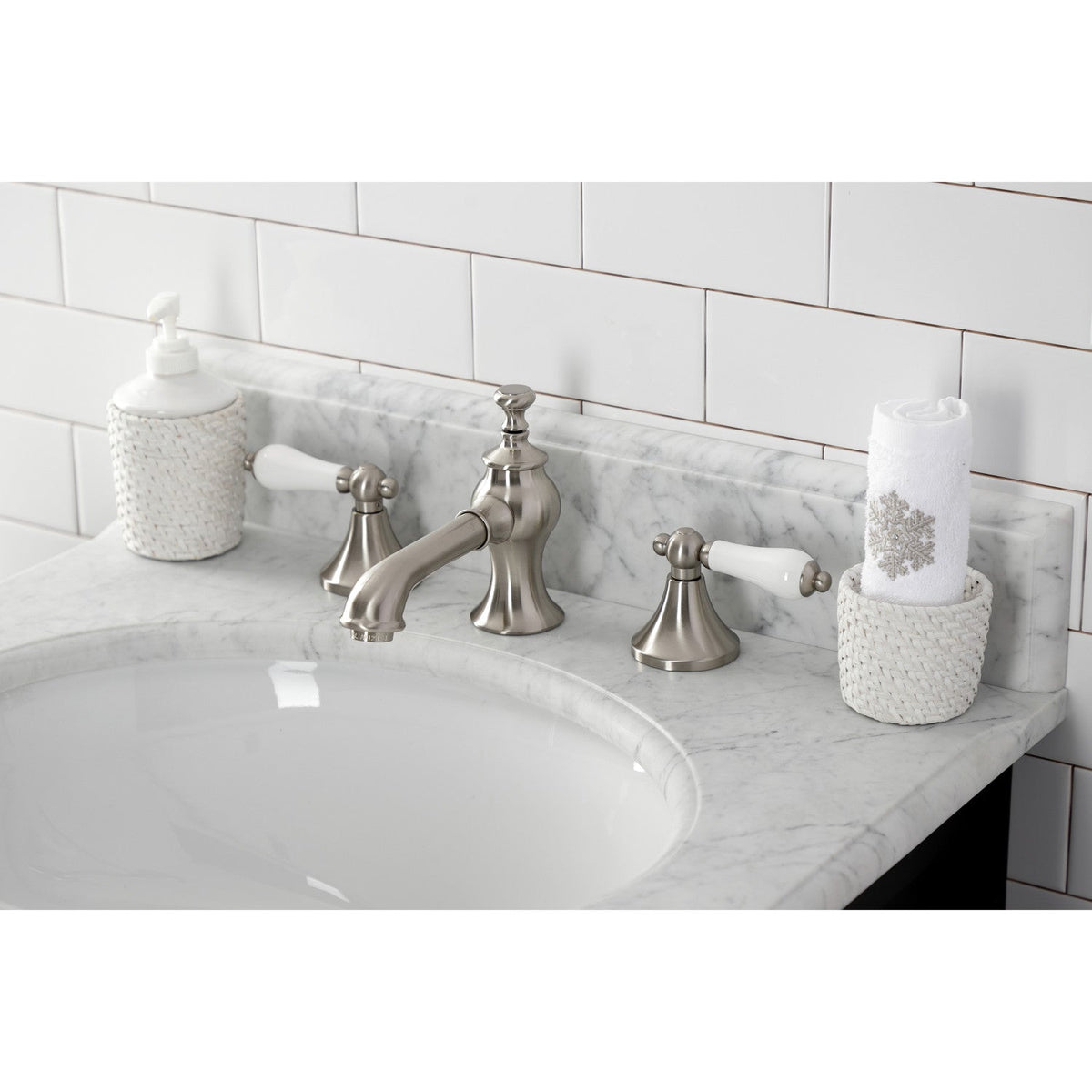 Vintage Widespread Bathroom Faucet with Brass Pop-Up in Brushed Nickel