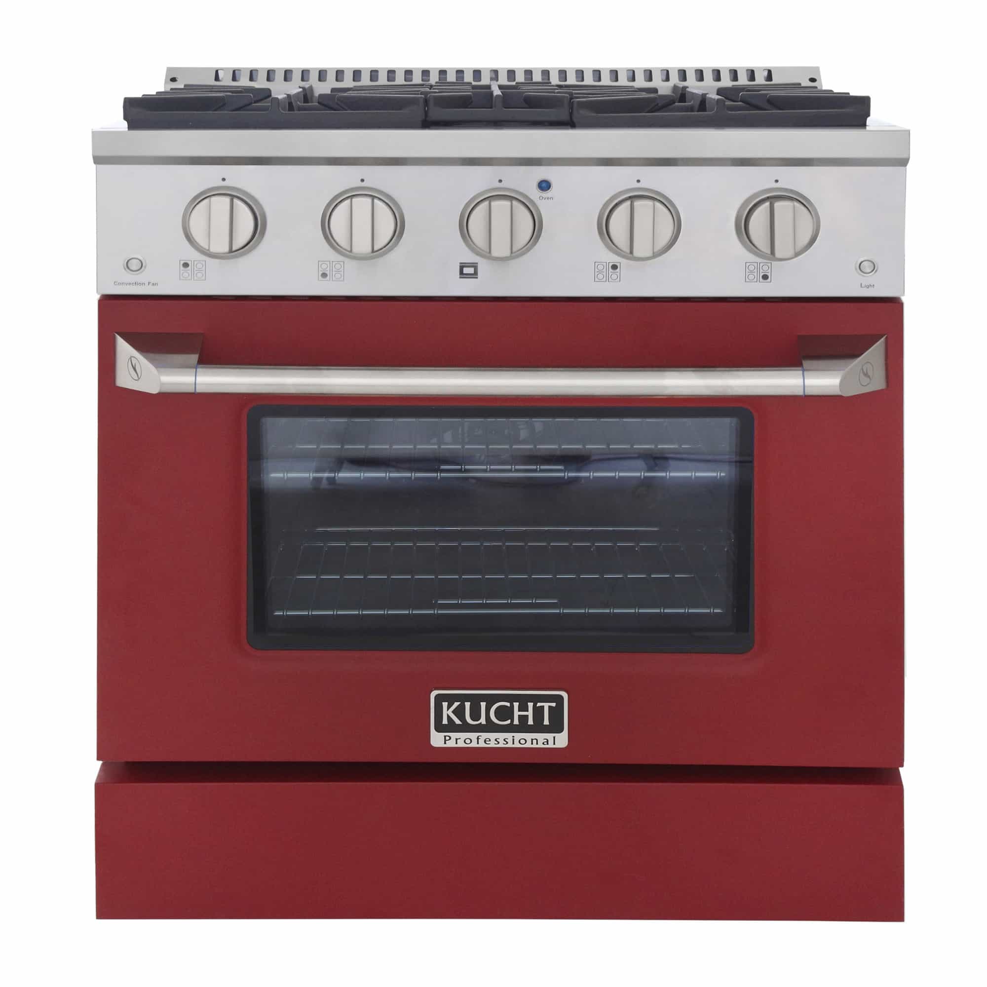 Stainless and red dual fuel range with five gas burners and open oven door window