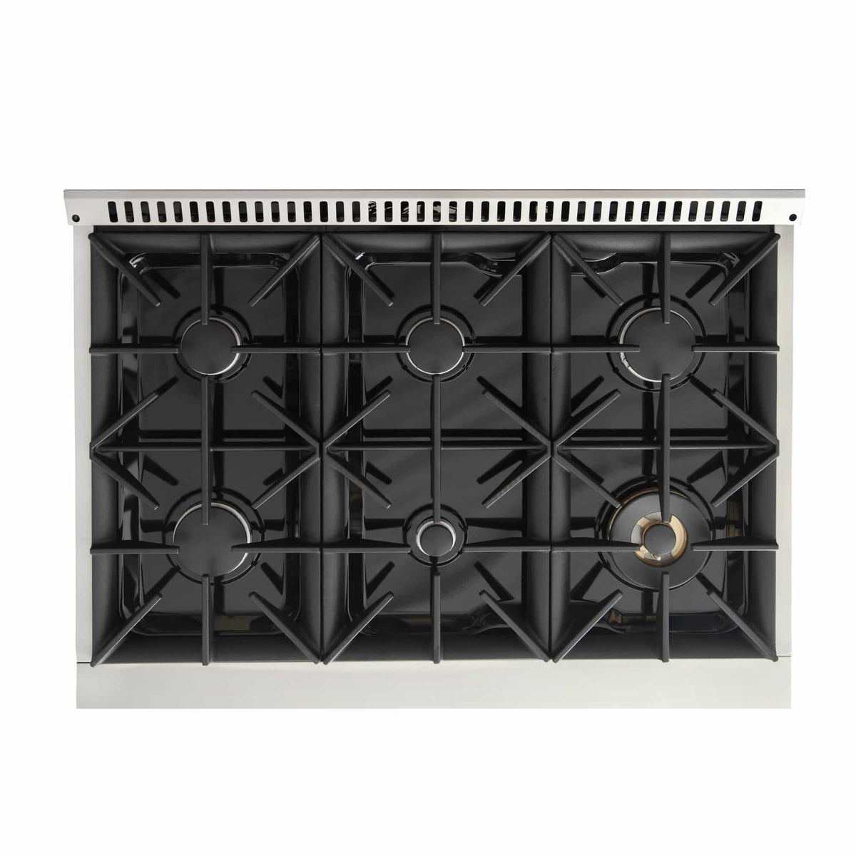 Dual fuel cooktop burner grate layout with five black burner sections