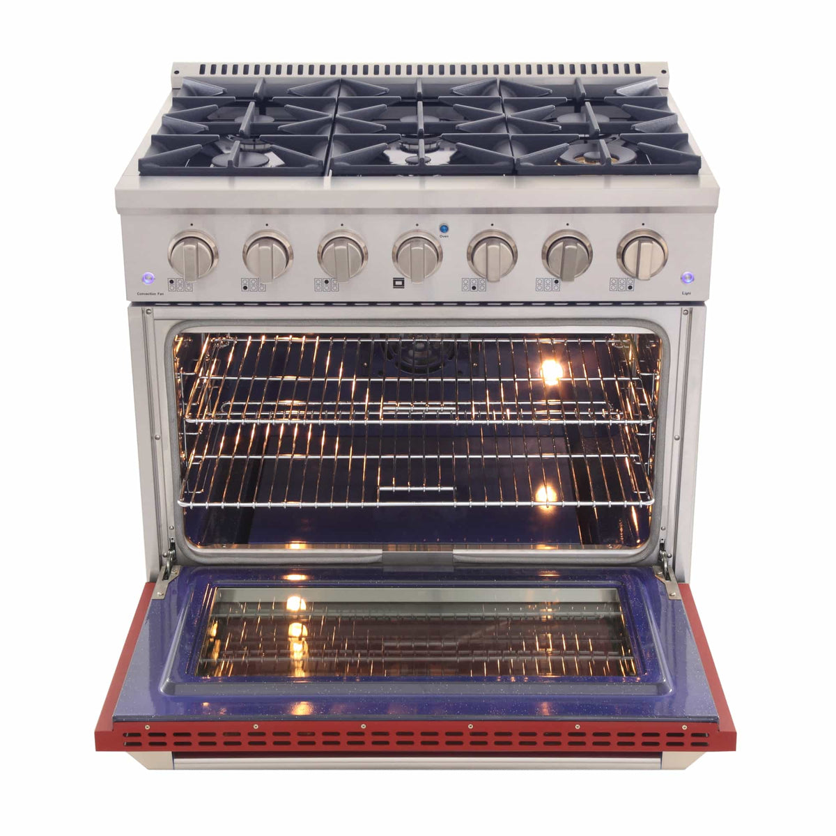 Stainless dual fuel range with open door and red oven frame