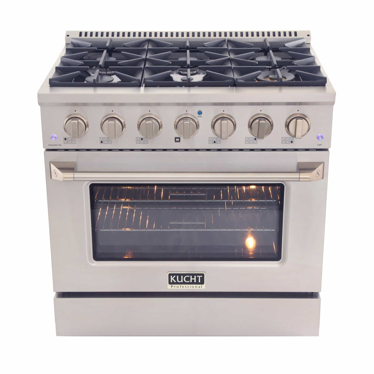 Stainless steel dual fuel range with black grates, burners, and oven door