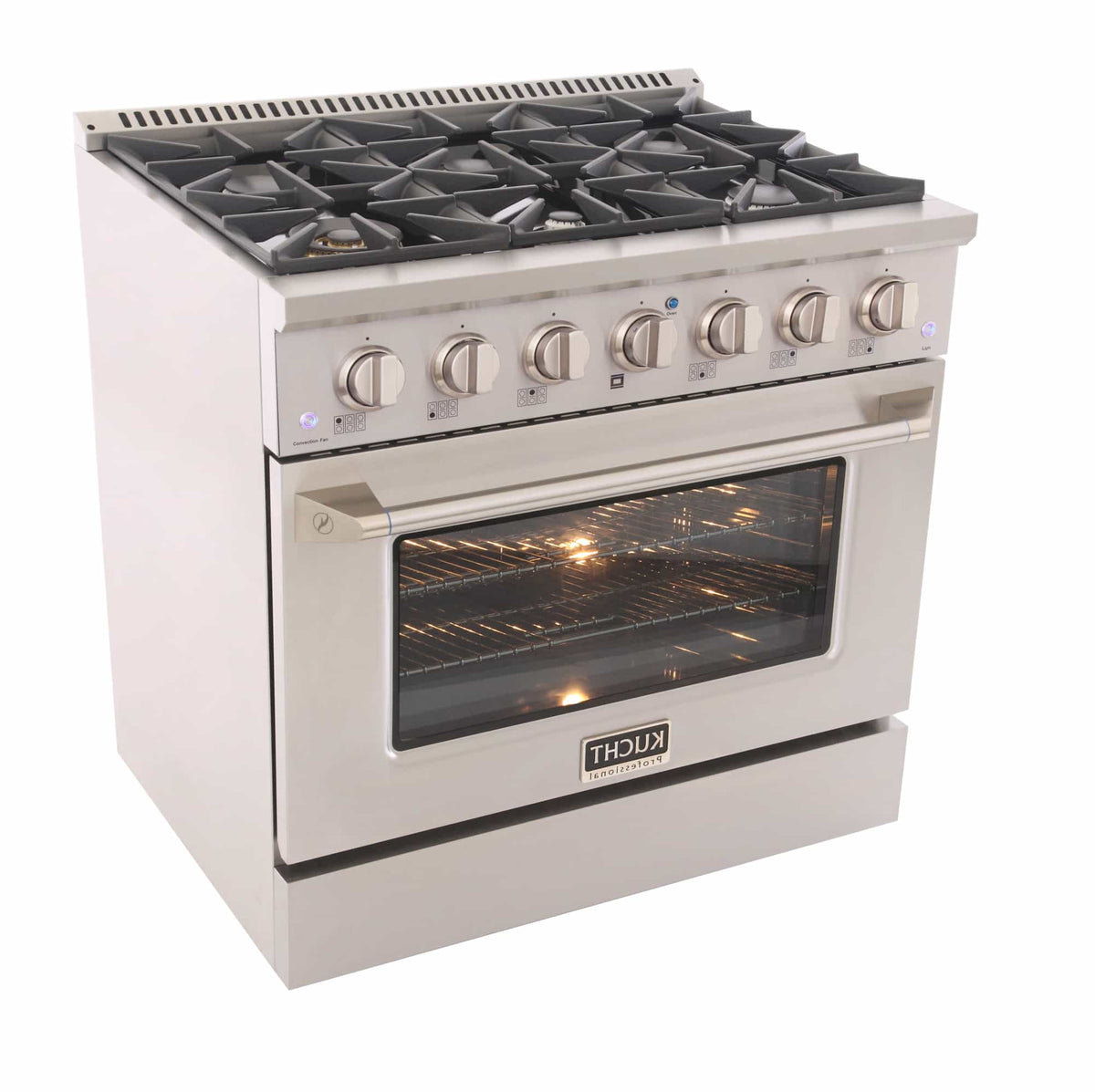 Stainless dual fuel range angled view with control knobs and lit oven