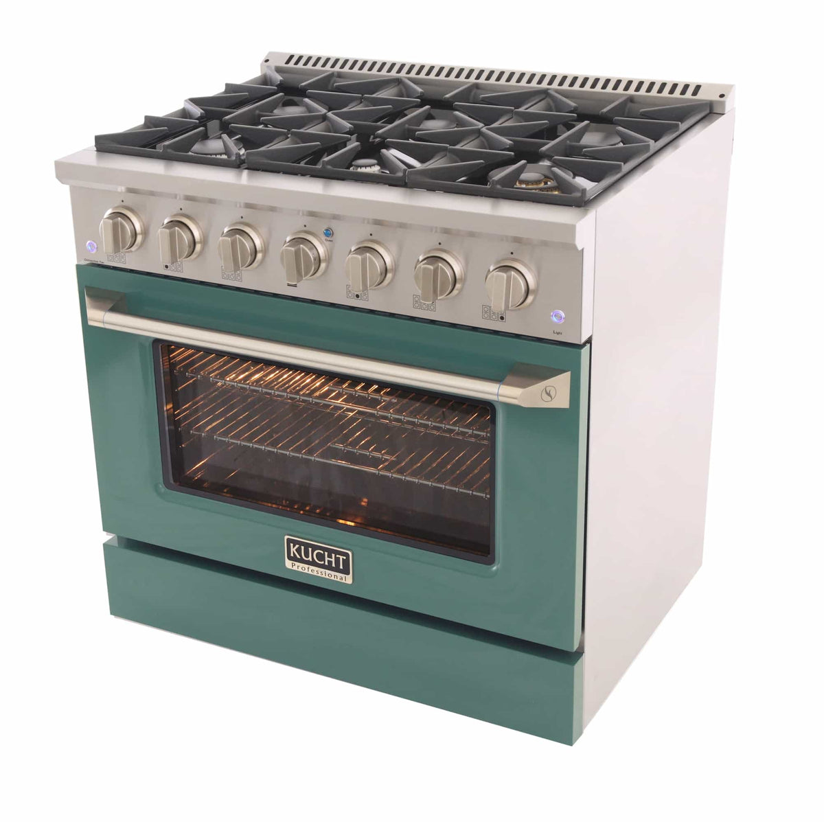 Dual fuel range with green oven door, stainless cooktop, and lit oven interior