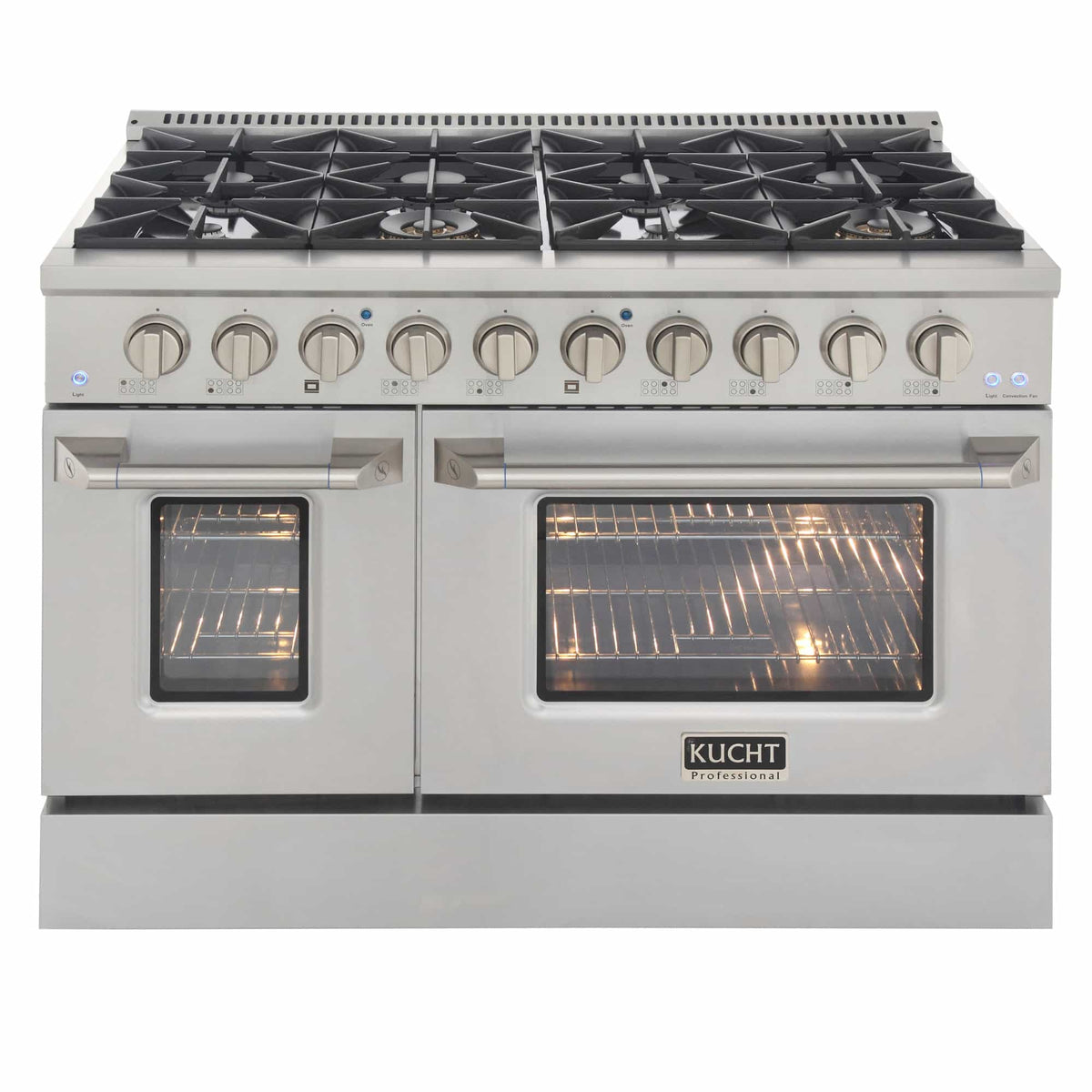 Stainless steel dual fuel range top grates with burner area and two oven doors