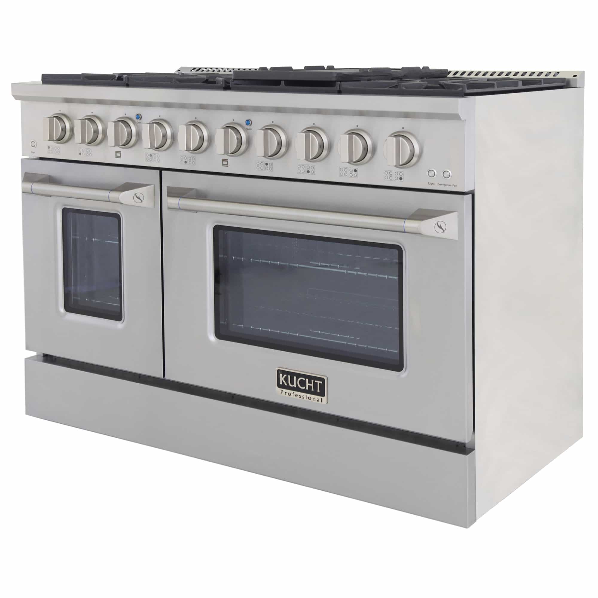 Stainless steel dual-fuel range angled view with control knobs and two oven doors