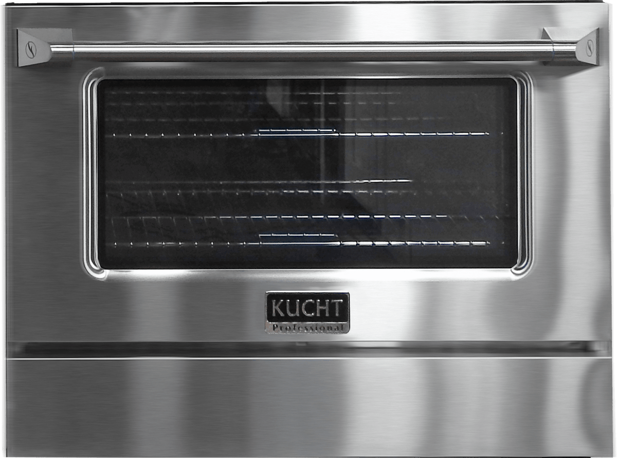 Stainless steel oven door window with Kucht logo on dual fuel range