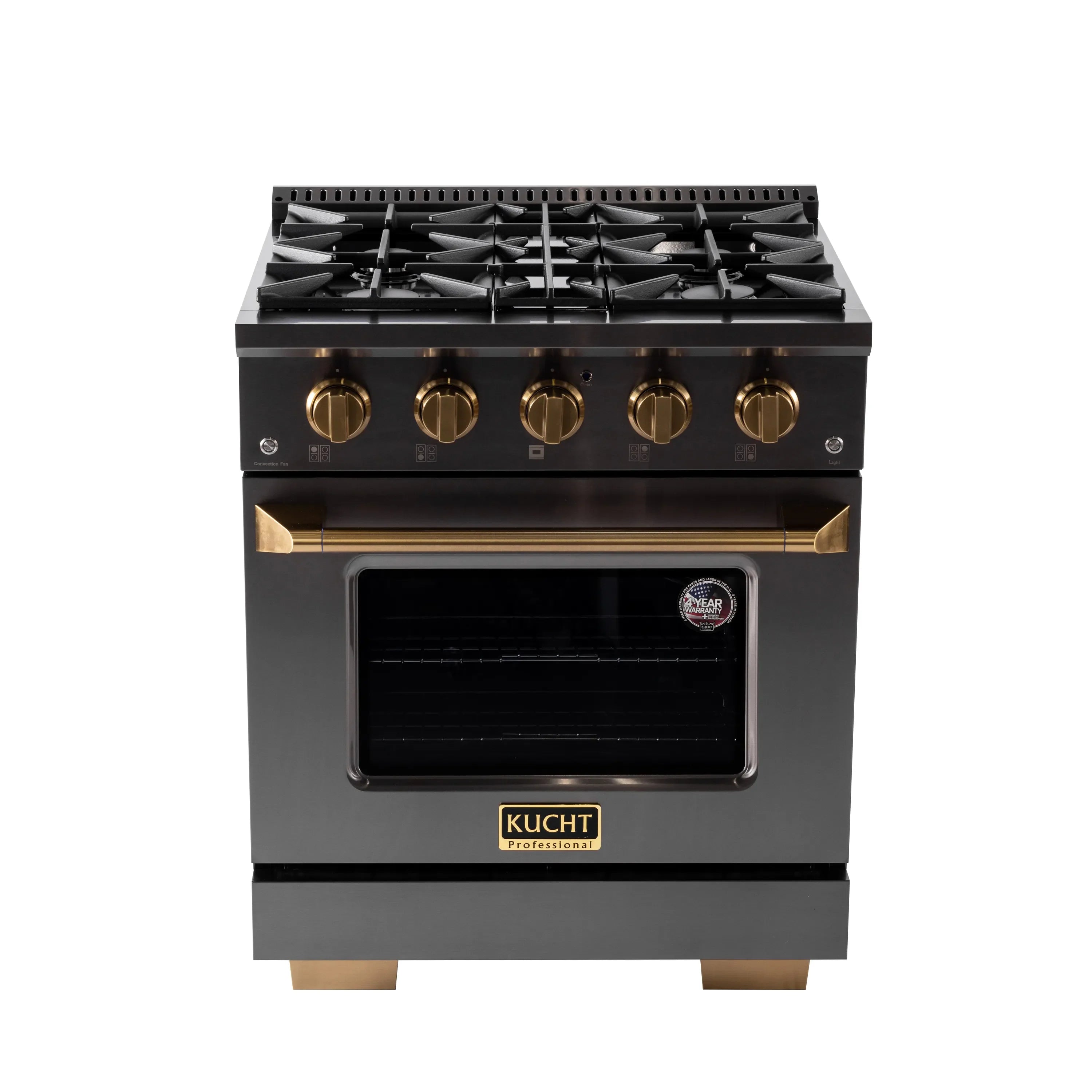 Titanium stainless dual-fuel range with five gas burners and oven door window.