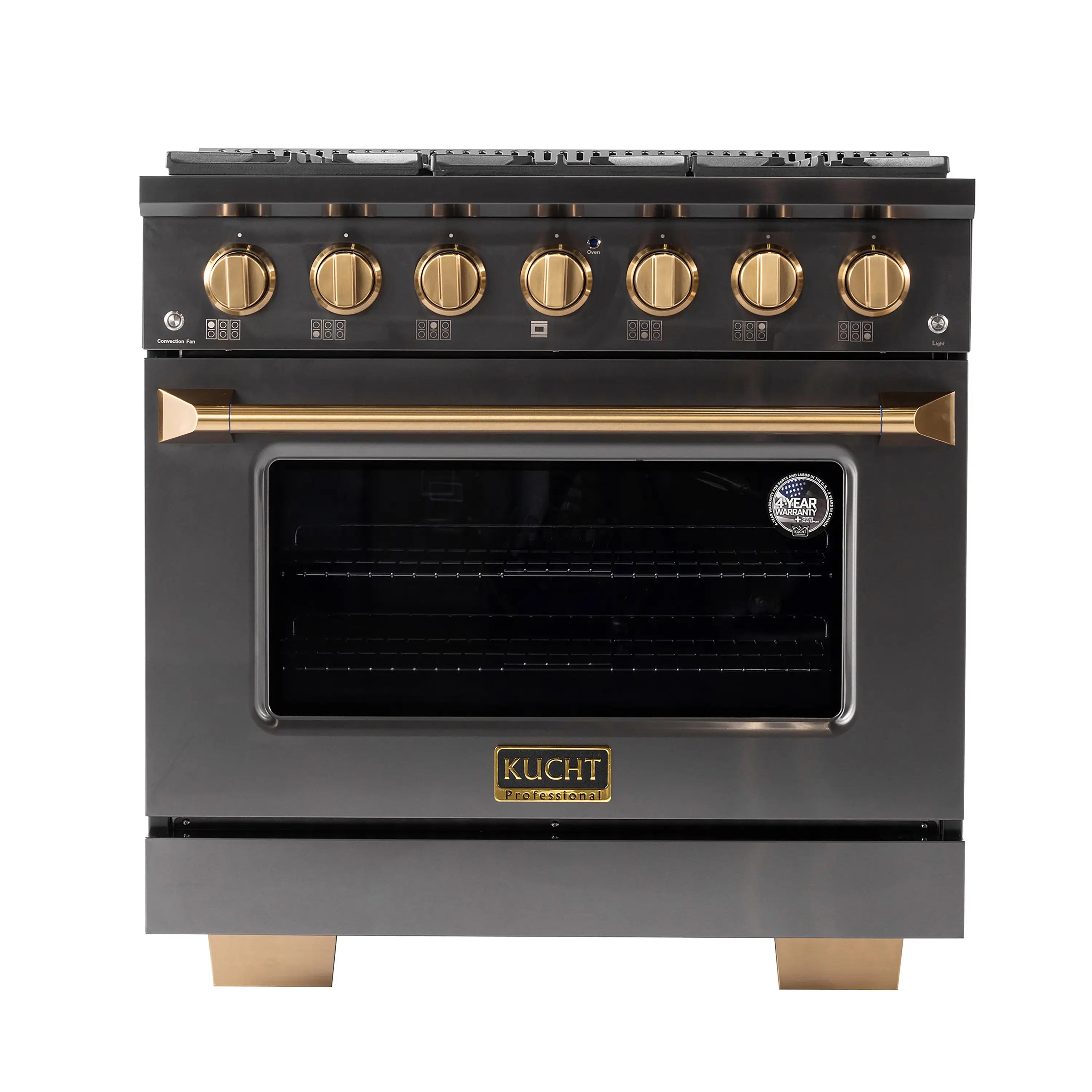 Titanium stainless propane range front with gold control knobs and oven door window