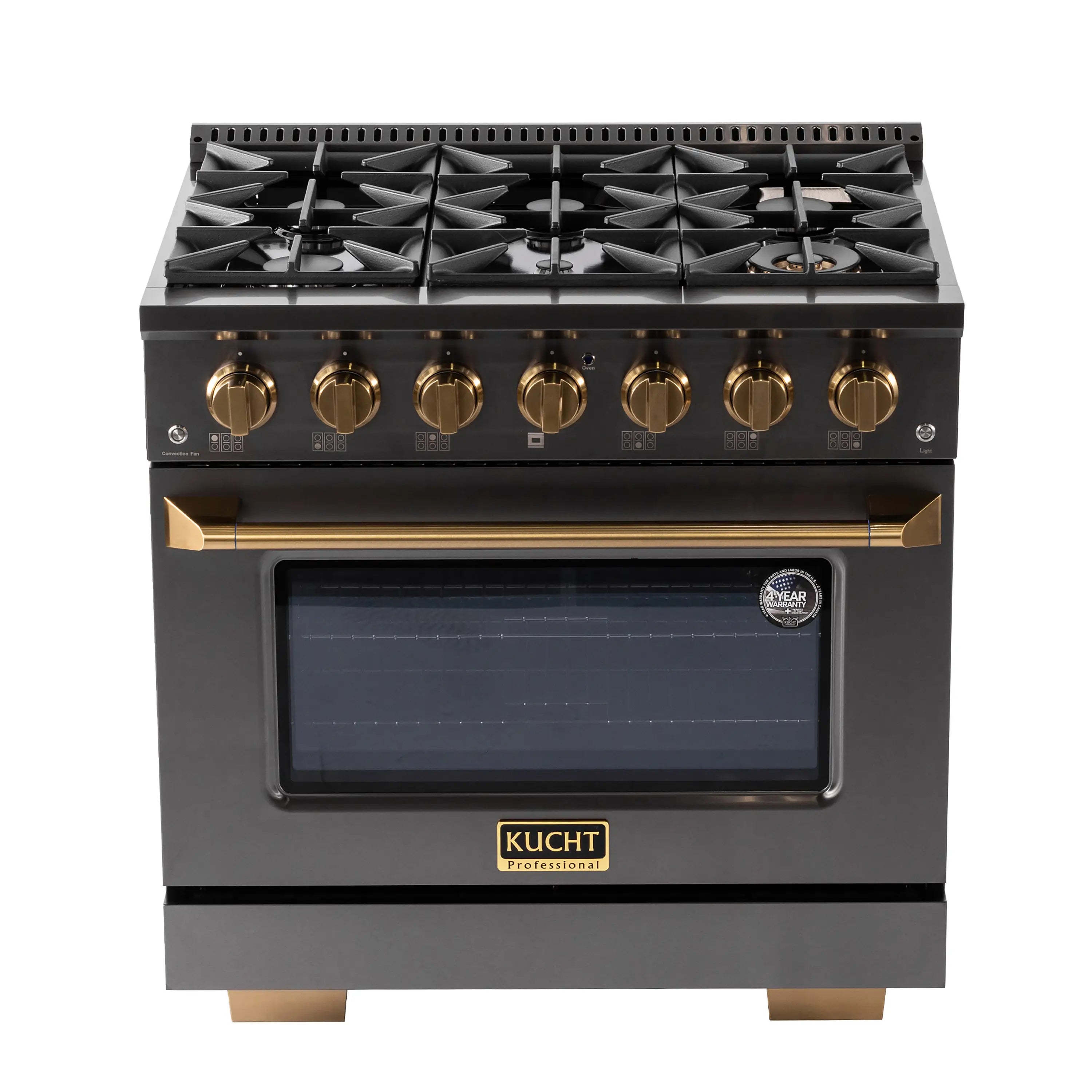 Titanium stainless dual fuel range with sealed burners and convection oven window