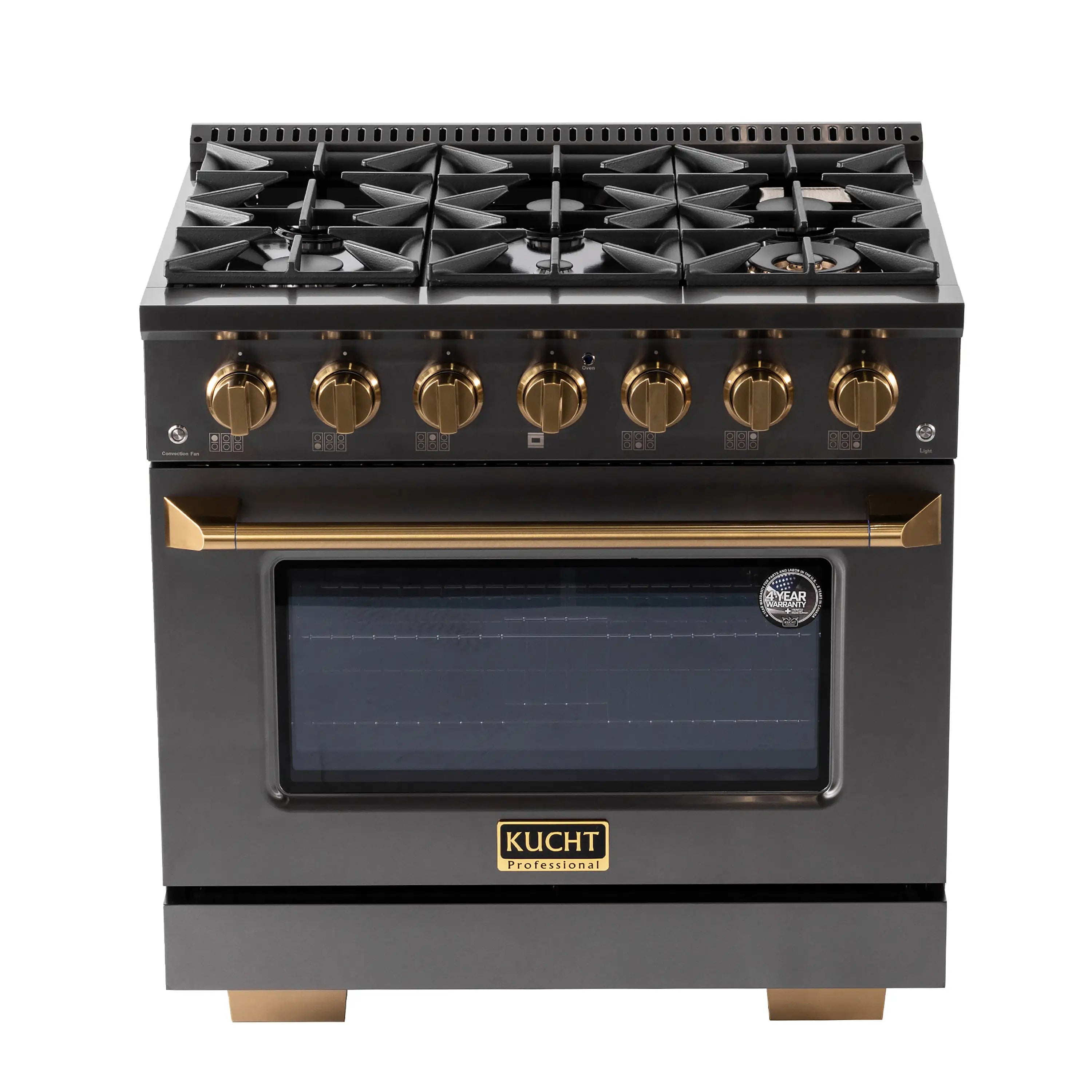 Titanium stainless propane gas range with sealed burners, gold knobs, convection oven window