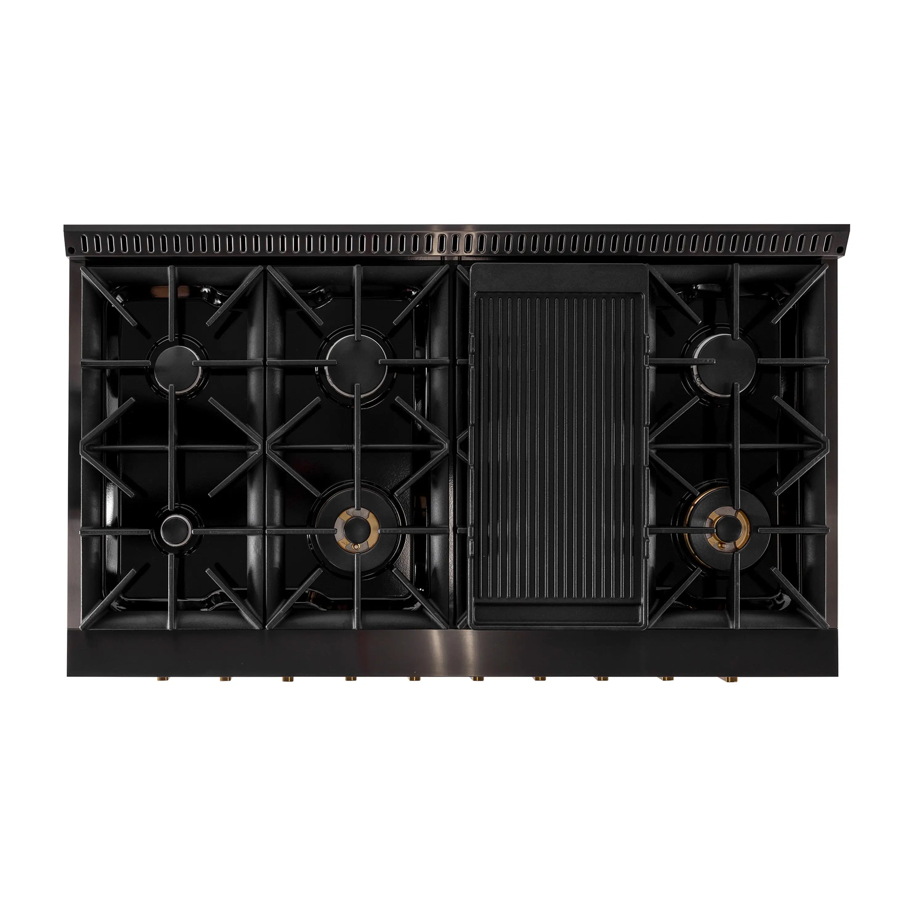 Dual fuel cooktop with black sealed burners, black grates, and center ribbed griddle